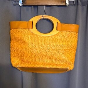 Fossil Woven Straw-look Handbag Purse Wood Handles Snap Close GUC **READ**